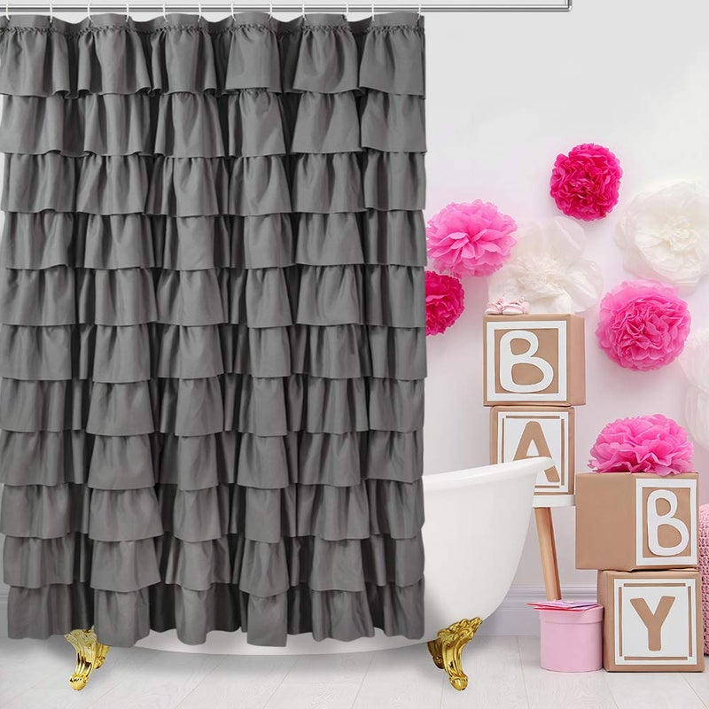 WestWeir Ruffle Shower Curtain,84-inches Extra Long,Grey Ruffled Bath Curtains for Bathroom,Fabric Farmhouse Decor,Soft Touch Decorative Cloth Texture,(72 inch Wide,1 Panel) - Image 3